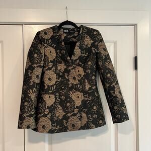 Zara Women's‎ Blazer Jacket Black with Gold Flowers Size XS